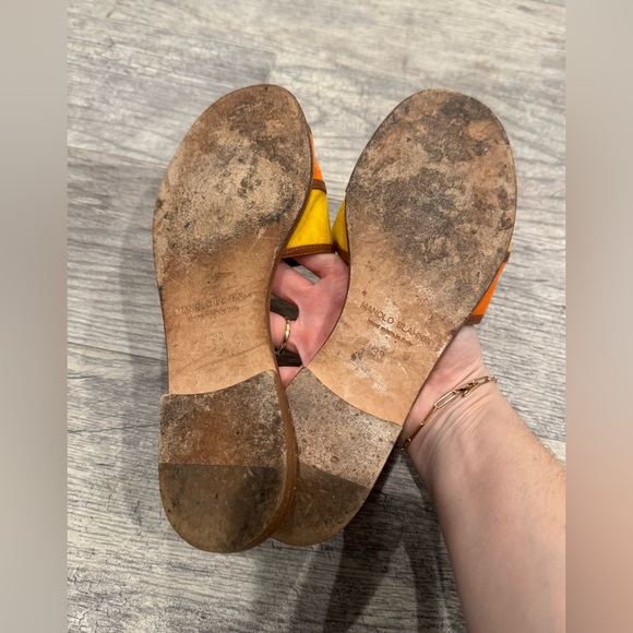 Manolo Blahnik Megacle Orange and Yellow Colorblock Leather Flat Sandals - Picture 7 of 9
